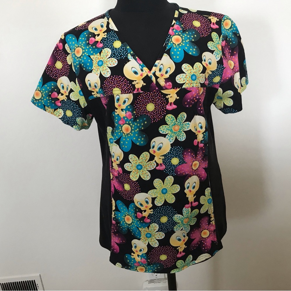 Scrub top Tweety Bird Looney Tunes Size Small black elastic side panels Y2K